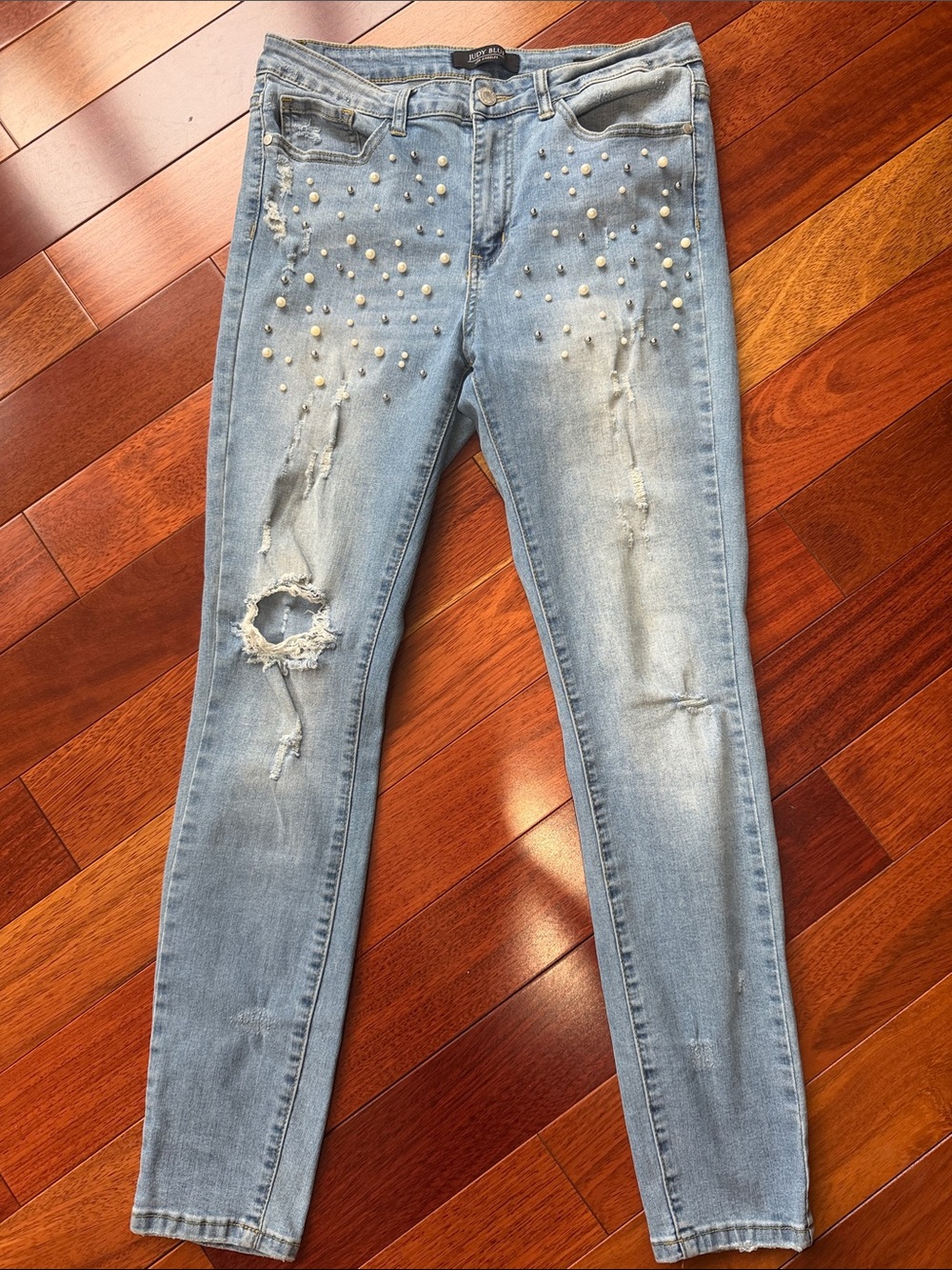 Judy Blue Distressed Light Blue Pearl-Embellished Skinny Jeans